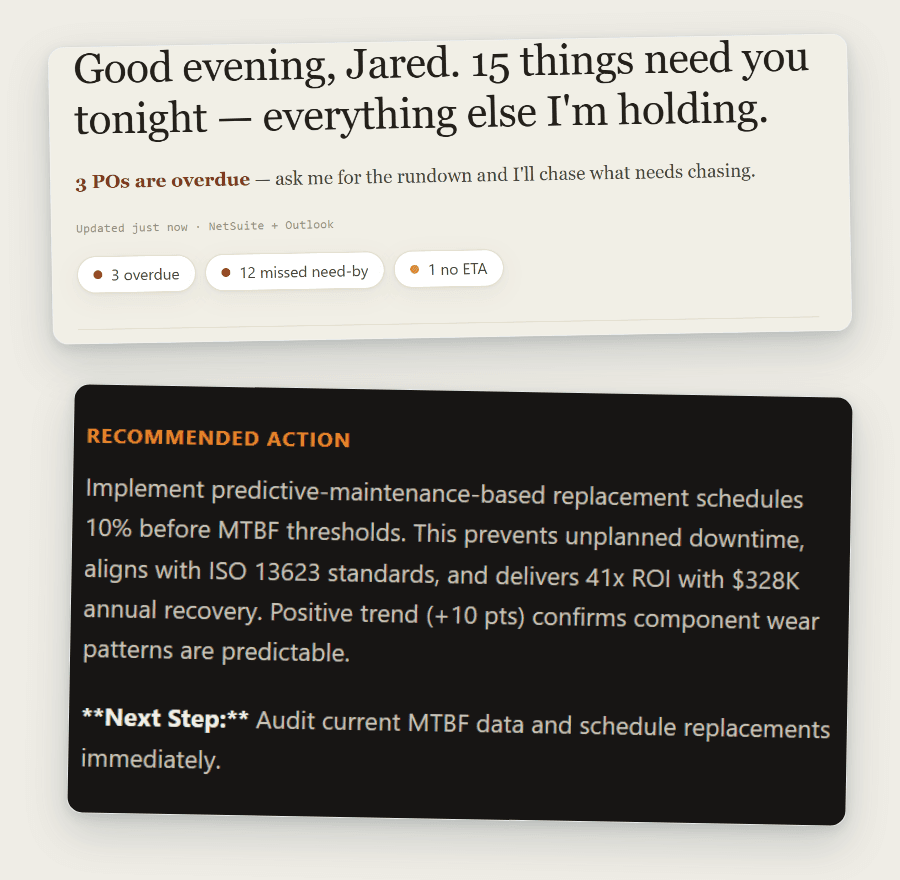 Costello's evening brief listing what needs attention, and Dewey recommending a fix with the return it expects